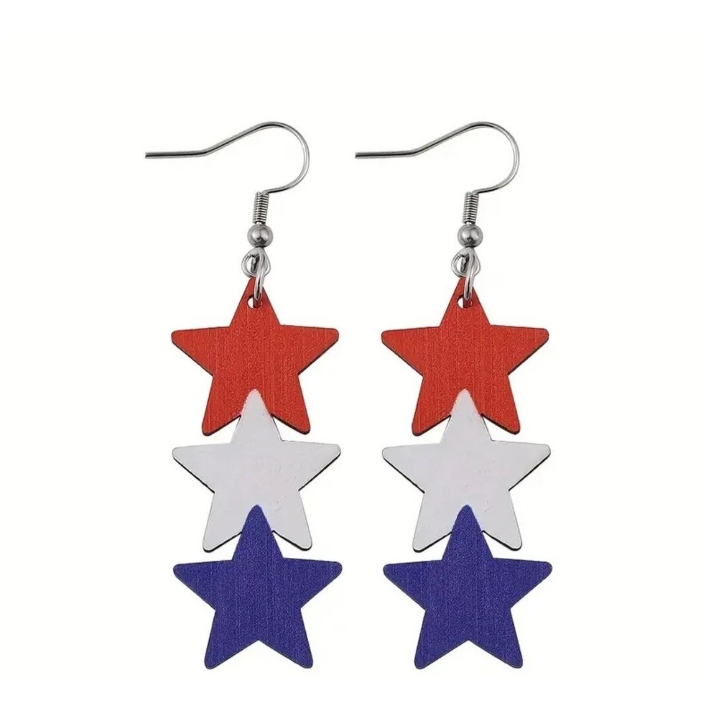 New Red White‎ Blue Stars Dangling Drop Wooden Earrings July 4th Memorial Day